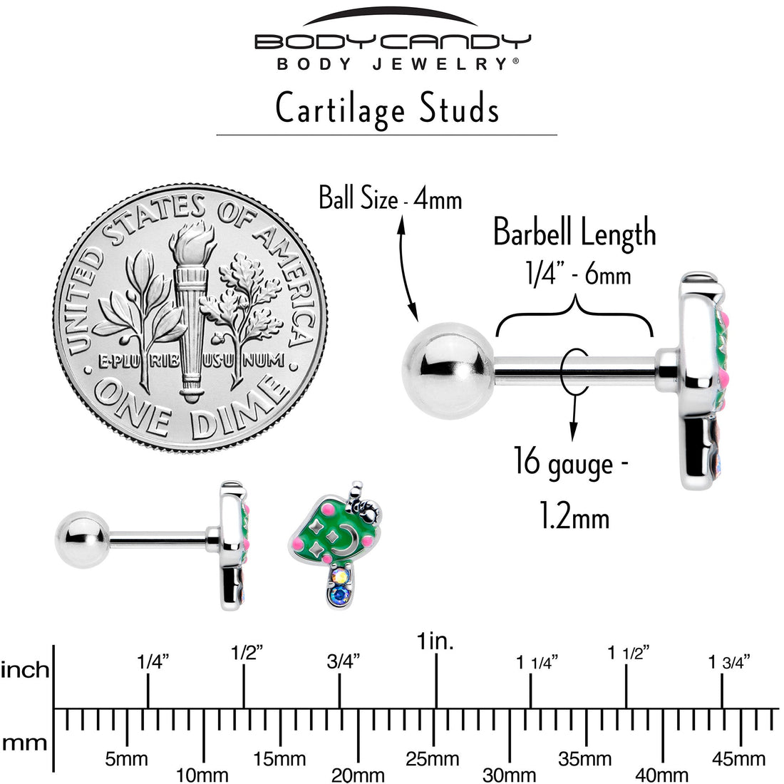 16G 1/4 Aurora Gem Fanciful Green Mushroom Cartilage Tragus Earring