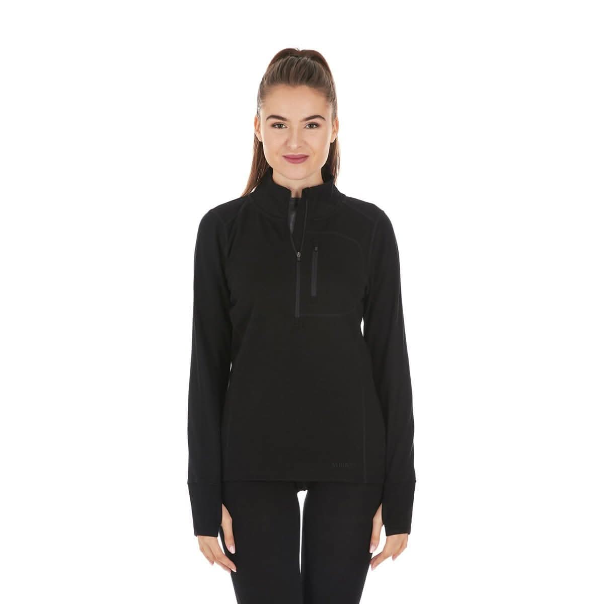 Women's heavyweight black 100% Merino wool 1/4 zip top with mock neck and long sleeves