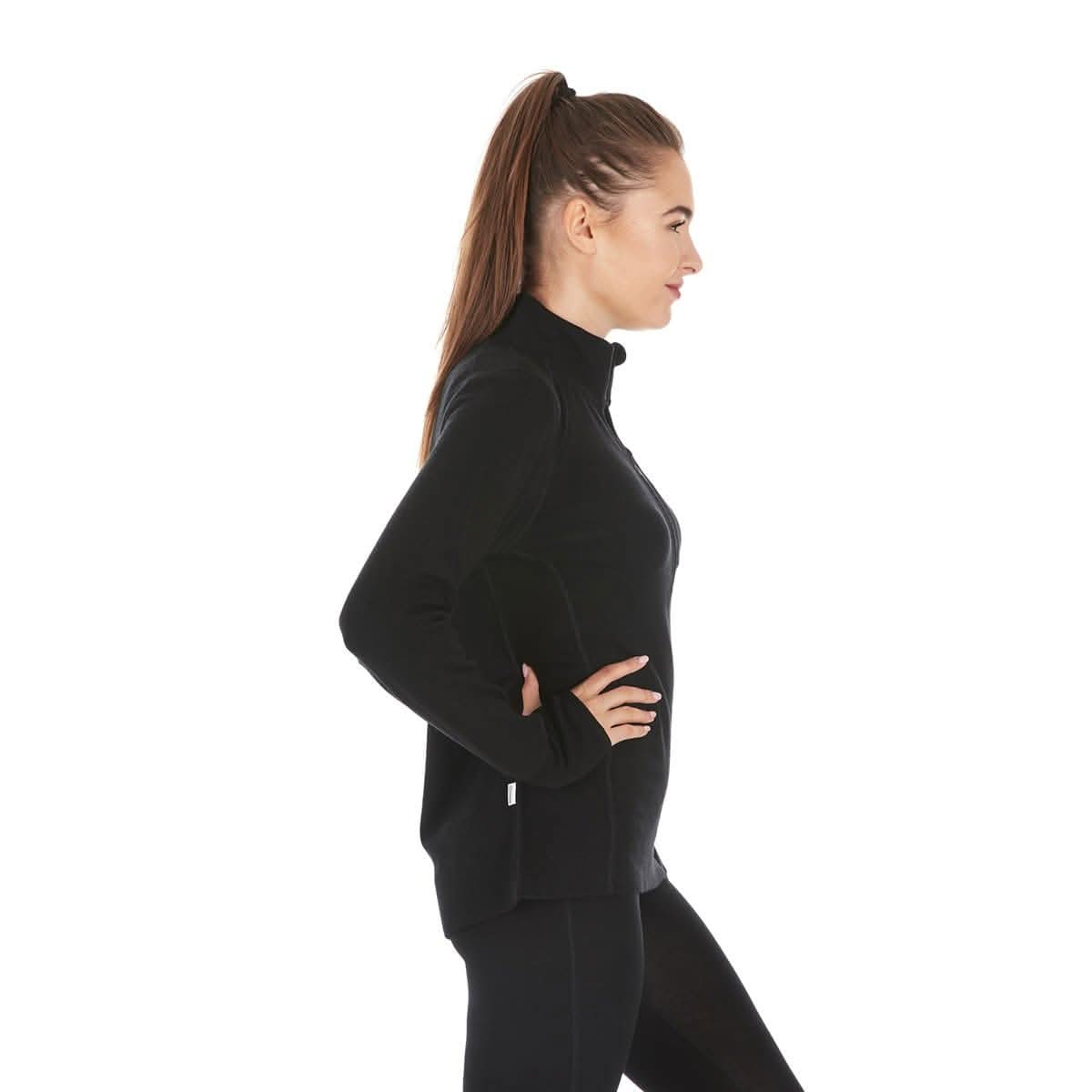 Women's Heavyweight 100% Merino Wool 1/4 Zip Thermal Top - Black