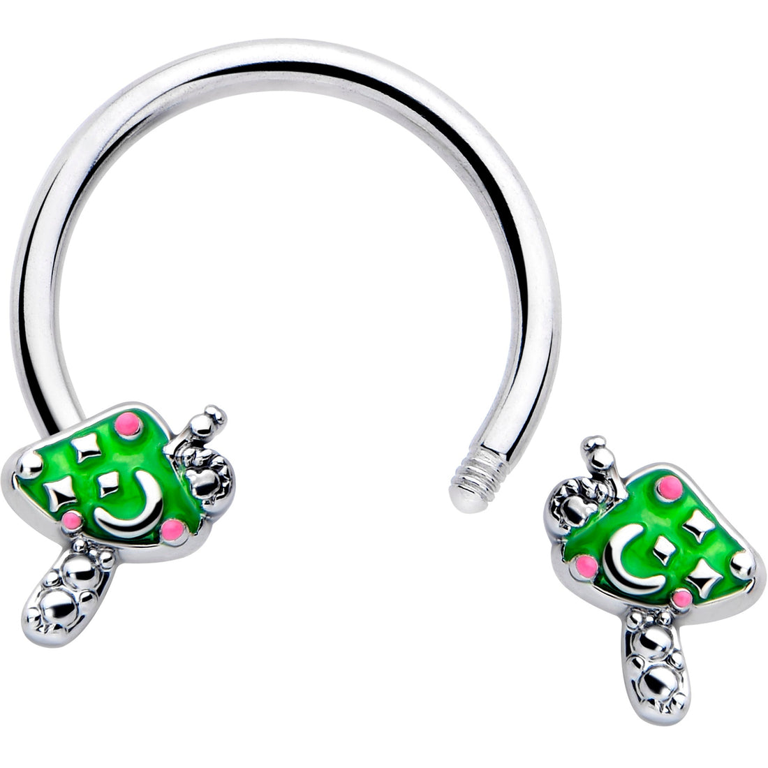 16G 3/8 Fanciful Green Mushrooms Horseshoe Circular Barbell