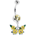 Yellow CZ gem dangle belly ring with a blooming butterfly charm featuring floral wing details