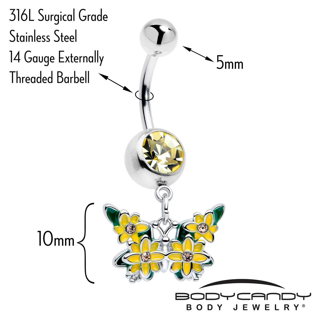Yellow CZ Gem Blooming Butterfly Dangle Navel Belly Ring - Image 2