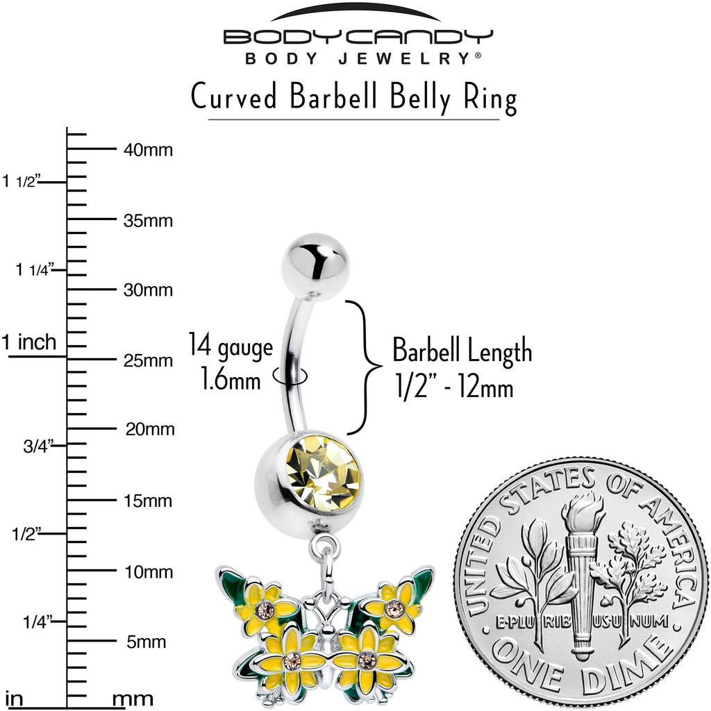 Yellow CZ Gem Blooming Butterfly Dangle Navel Belly Ring - Image 3