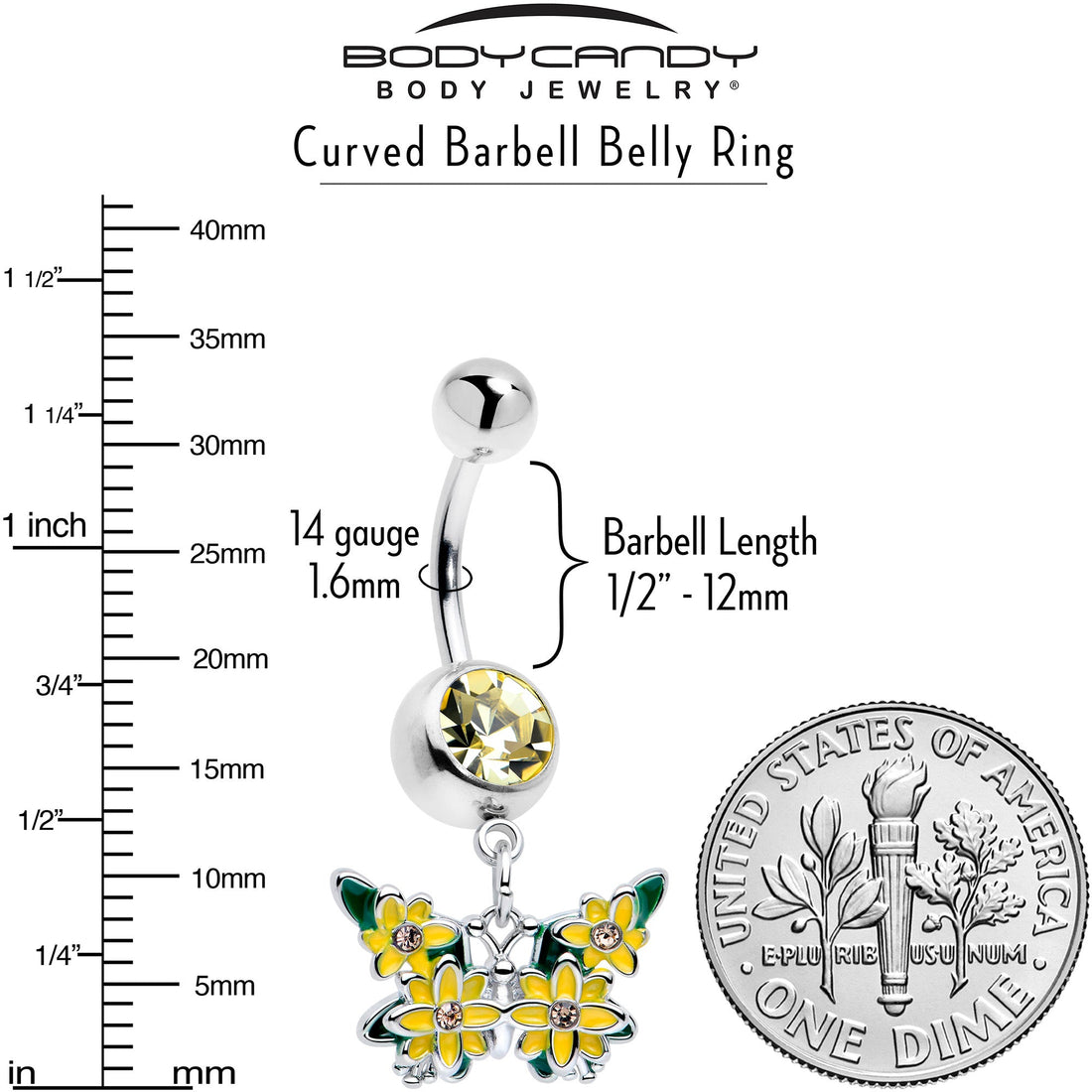 Yellow CZ Gem Blooming Butterfly Dangle Navel Belly Ring - Image 3