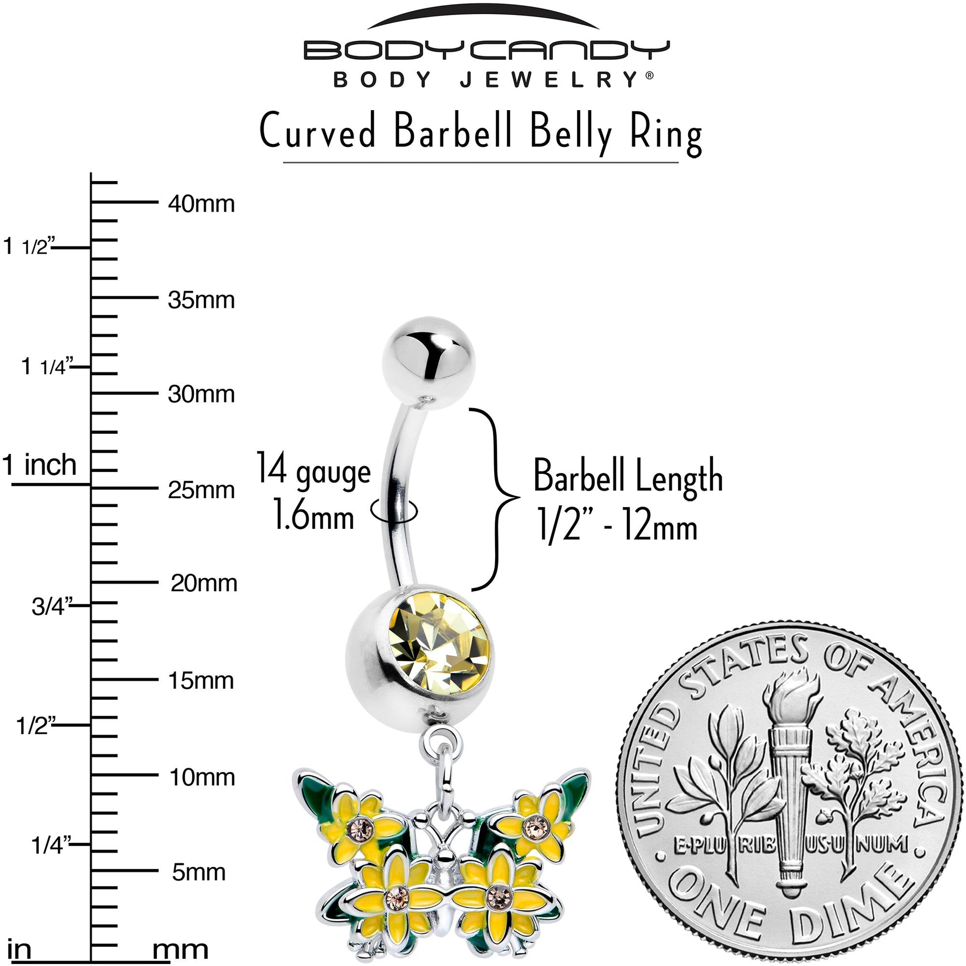 Yellow CZ Gem Blooming Butterfly Dangle Navel Belly Ring - Image 3