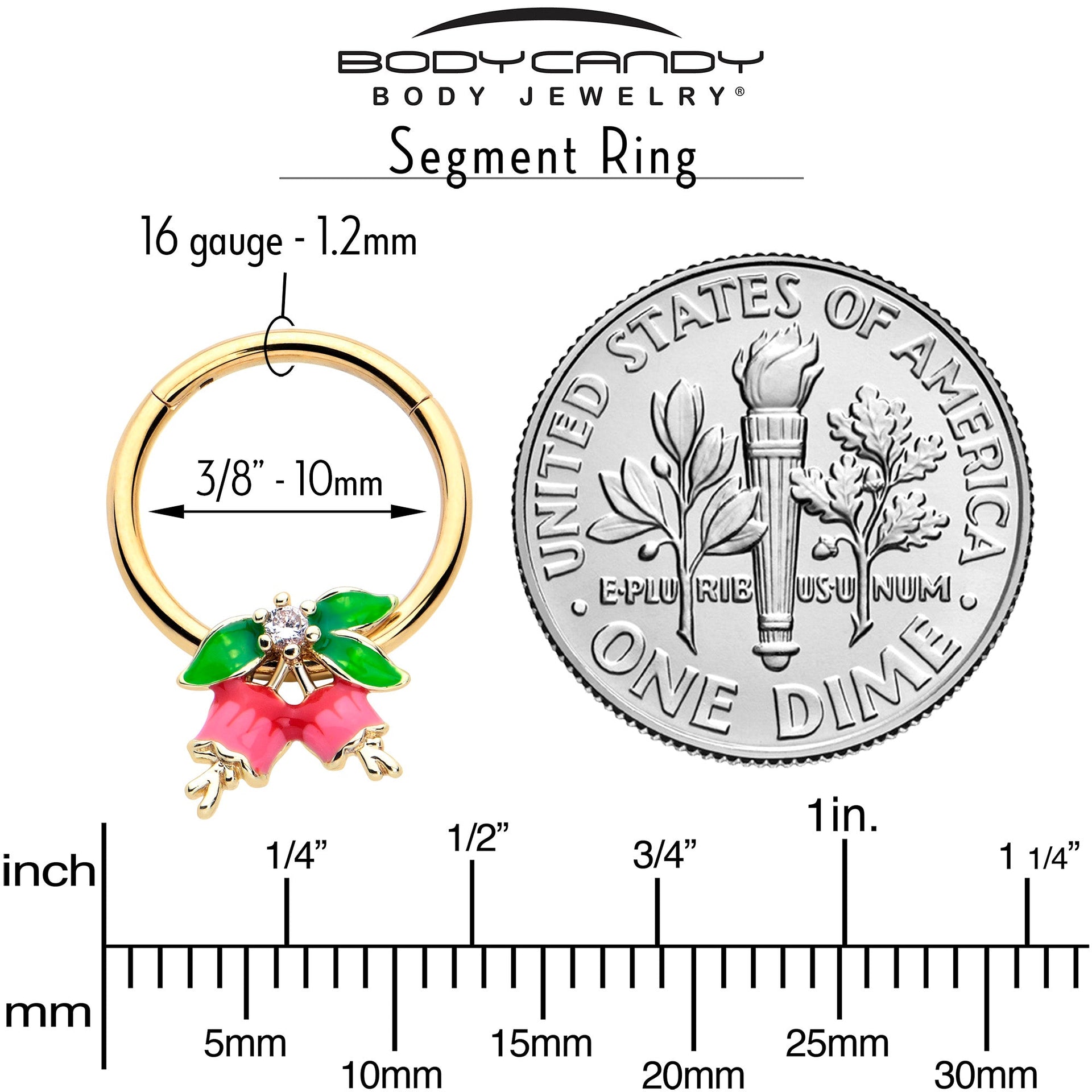 16G 3/8 Clear CZ Gem Gold Tone Bell Flowers Hinged Segment Ring