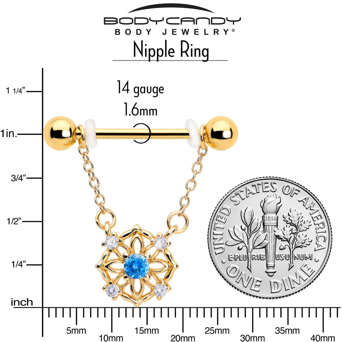 14G 9/16 Blue CZ Gem Gold Tone Flower Ring Dangle Nipple Ring Set