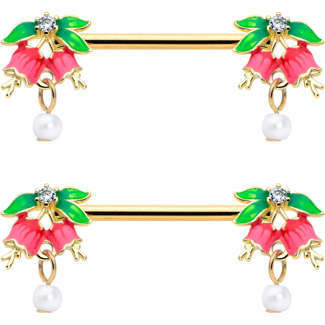 14G 9/16 Clear CZ Gem Gold Hue Bell Flower Barbell Nipple Ring Set