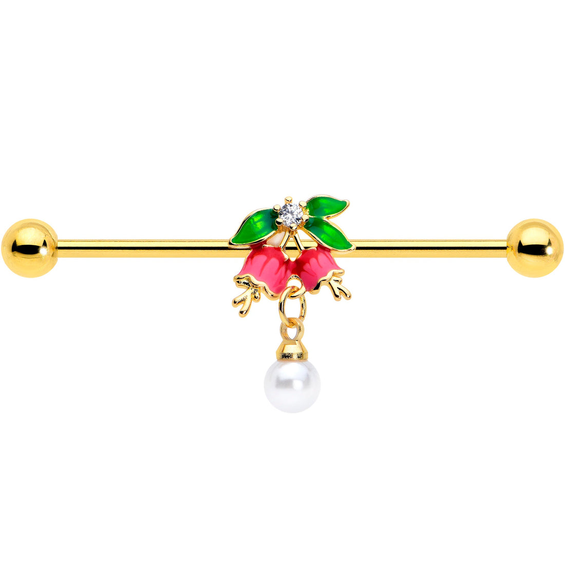 14G Clear CZ Gem Gold Tone Bell Flower Industrial Barbell 38mm