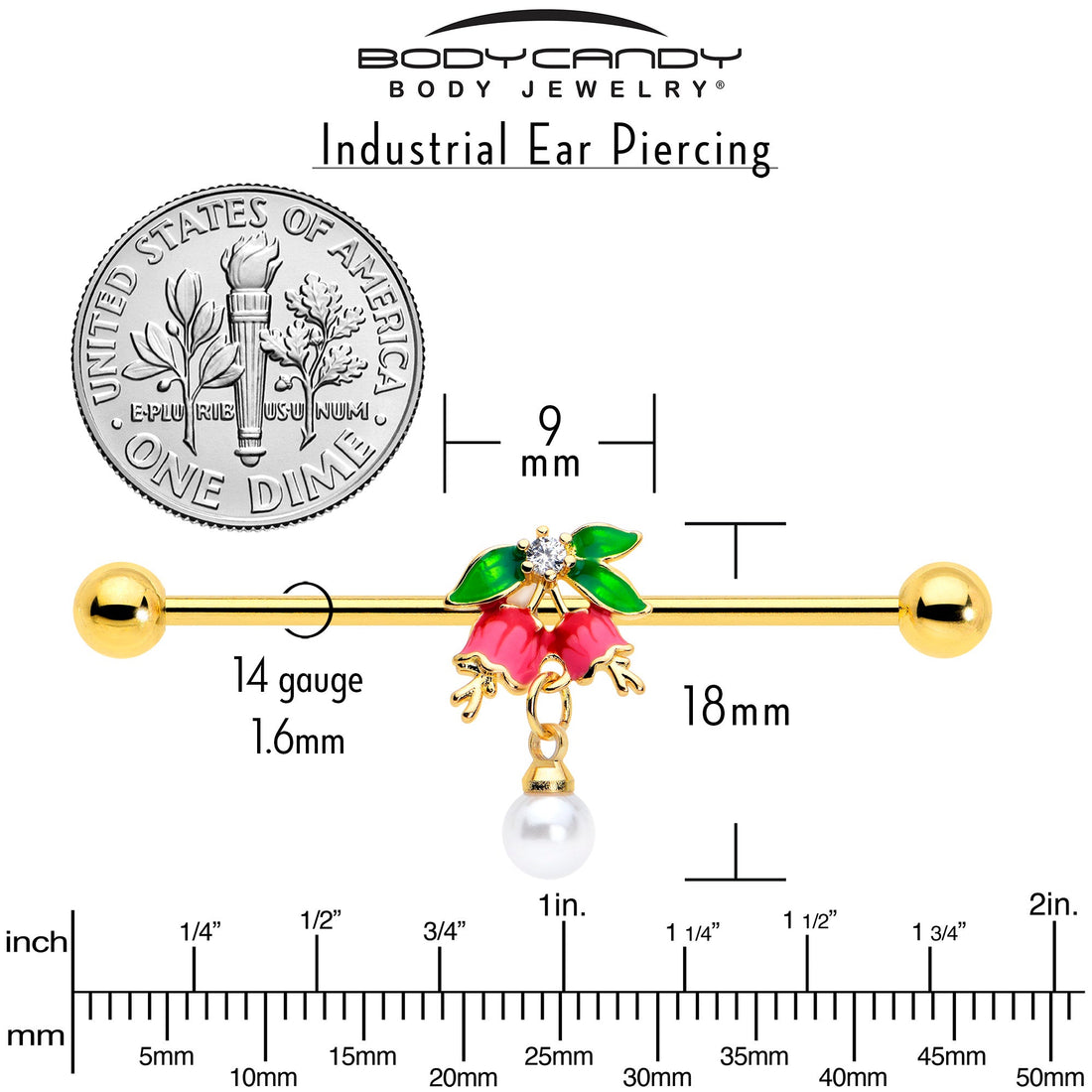14G Clear CZ Gem Gold Tone Bell Flower Industrial Barbell 38mm
