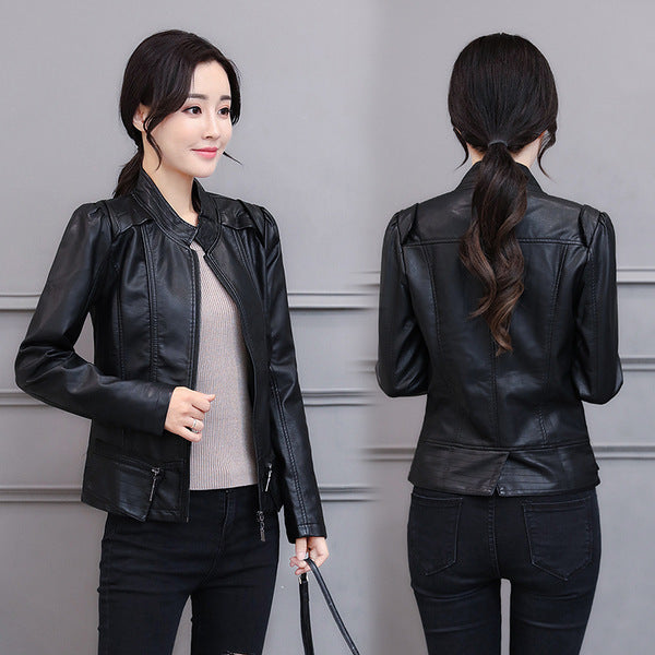 Women's Korean-Style Slim Fit Motorcycle Leather Jacket