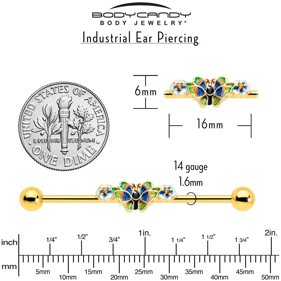 14G Blue Gem Gold Tone Butterfly Colors Industrial Barbell 38mm