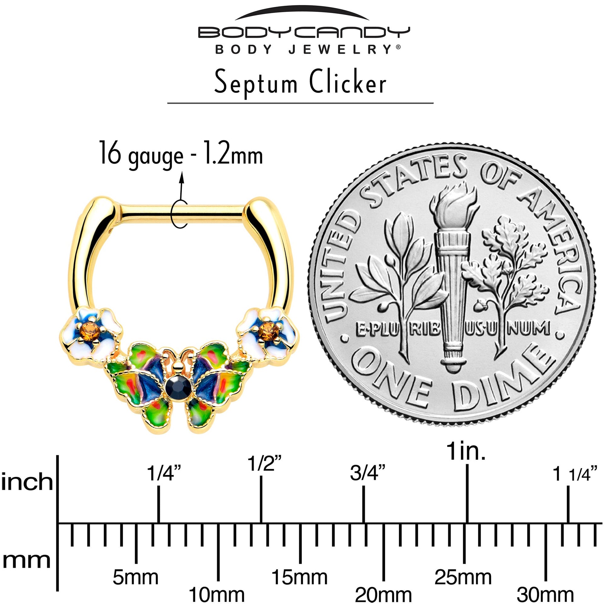 16G 5/16 Blue Gem Gold Tone Butterfly Colors Cartilage Clicker