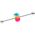 14G industrial barbell with a glittery hot pink pineapple charm featuring blue and yellow leaves.