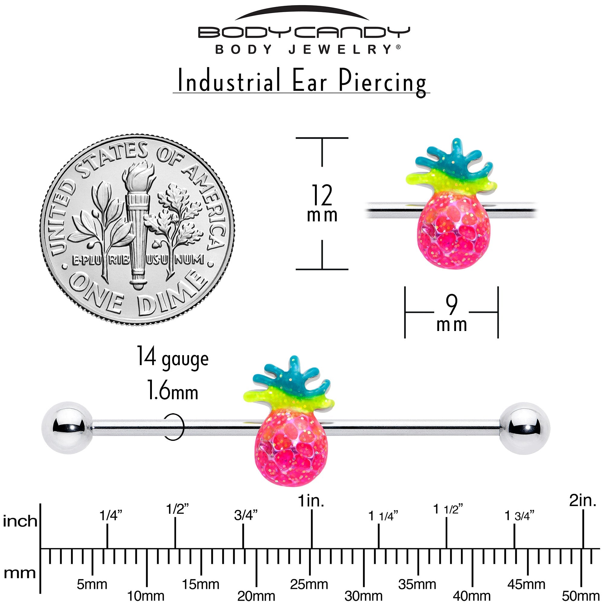 14G Tropical Pineapple Industrial Barbell 38mm - Image 5