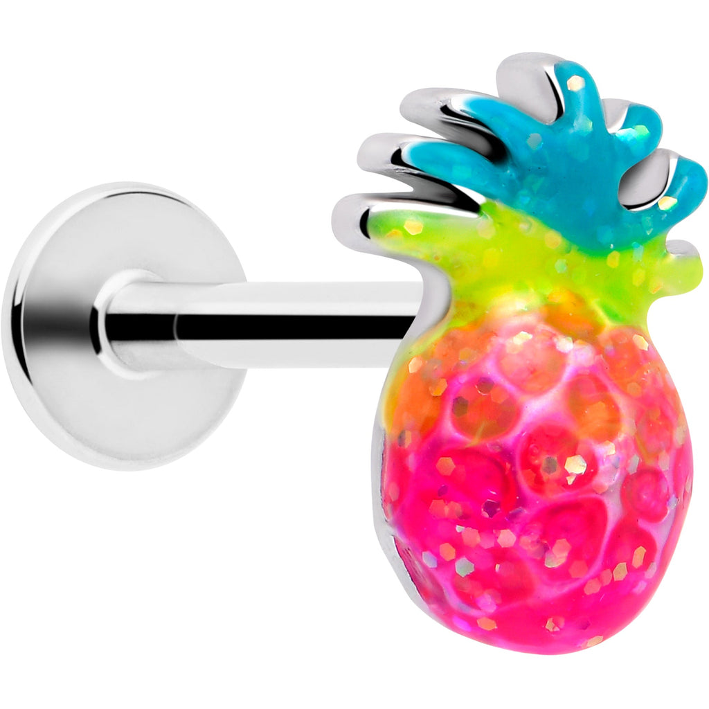 16G pink and yellow pineapple shaped labret piercing stud on stainless steel post