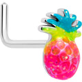 20G L-shaped nose ring featuring a colorful, glittery hot pink and yellow pineapple with blue leaves