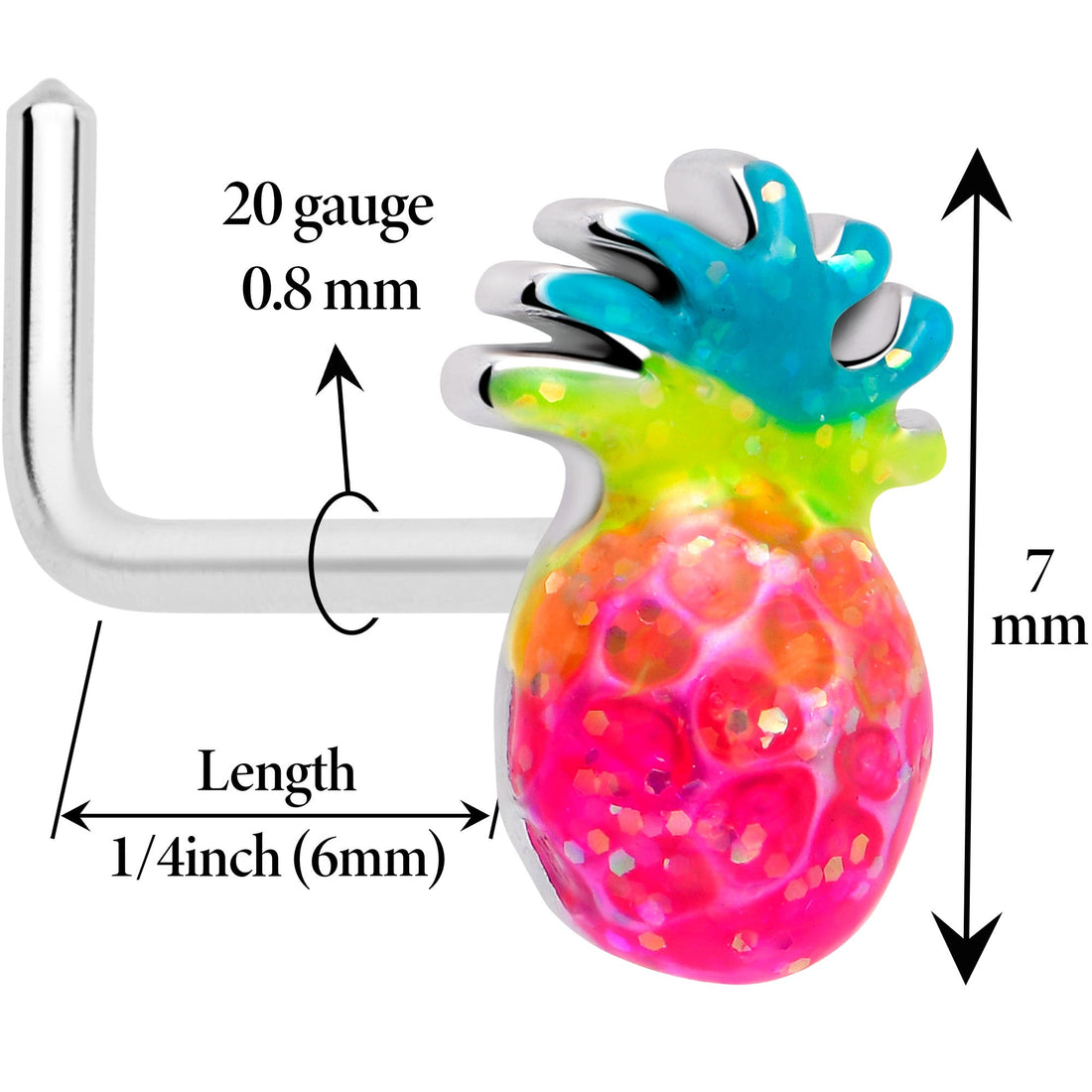 20G Tropical Pineapple L-Shaped Nose Ring in Hot Pink and Blue - Image 2