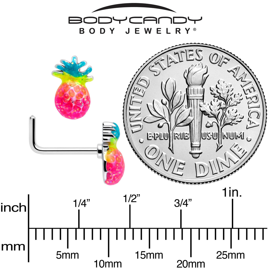 20G Tropical Pineapple L-Shaped Nose Ring in Hot Pink and Blue - Image 5