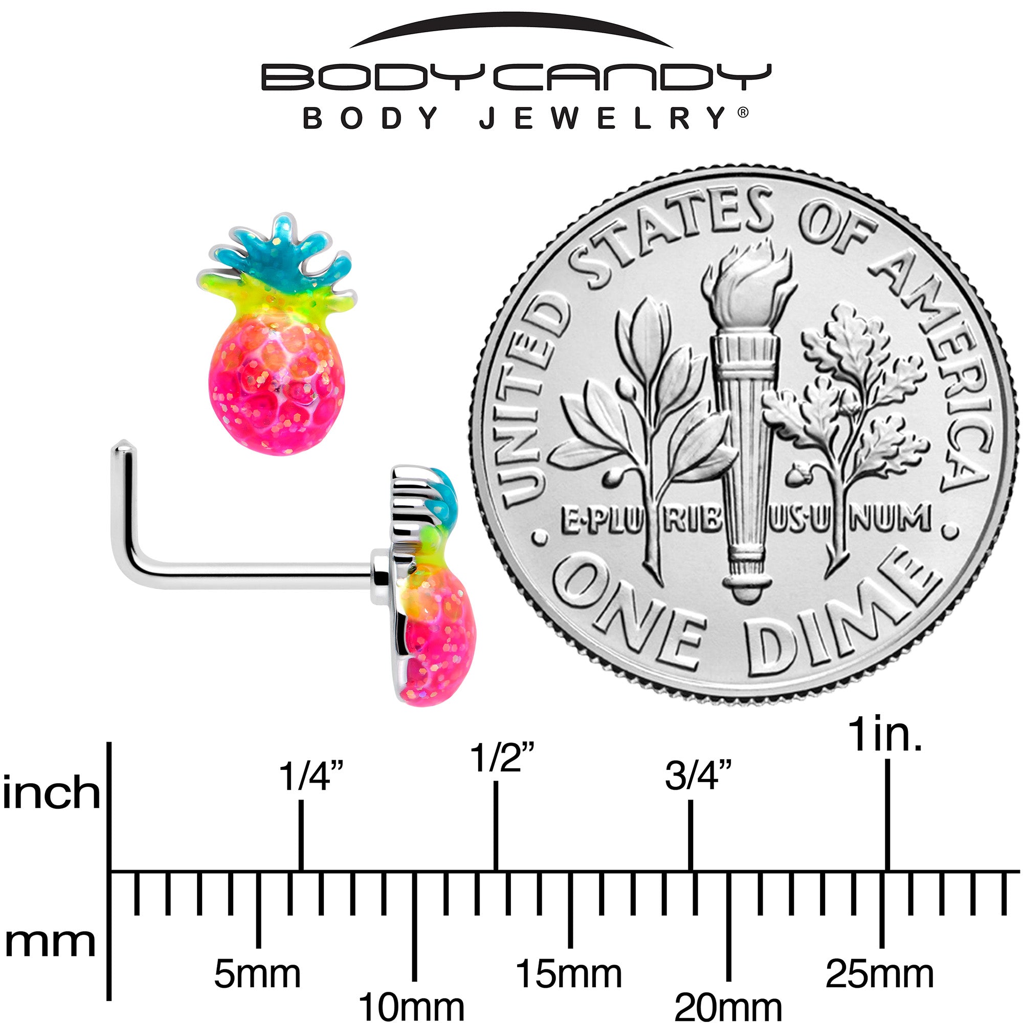 20G Tropical Pineapple L-Shaped Nose Ring in Hot Pink and Blue - Image 5