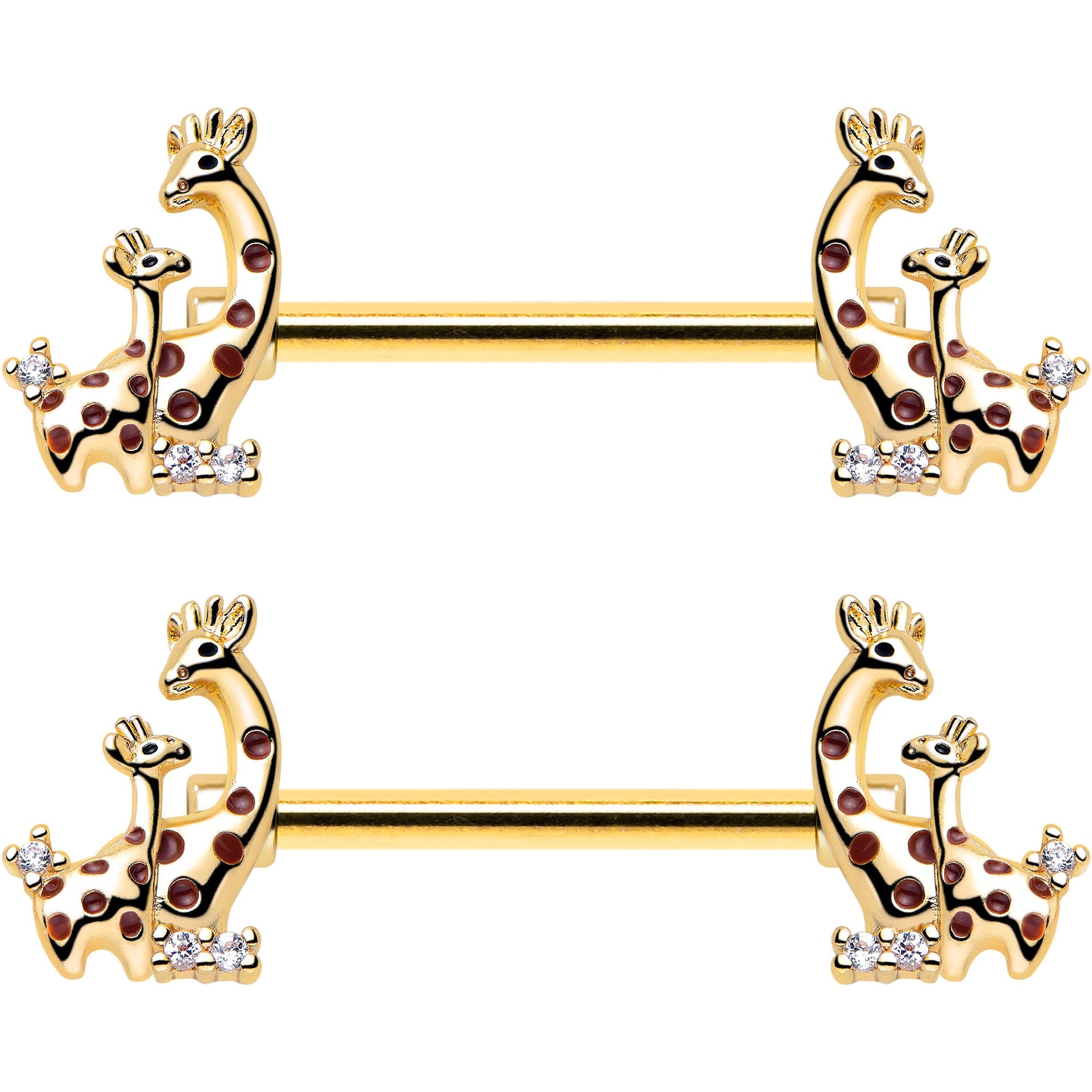 14G 9/16 Clear CZ Gem Gold Tone Mom Baby Giraffes Nipple Ring Set