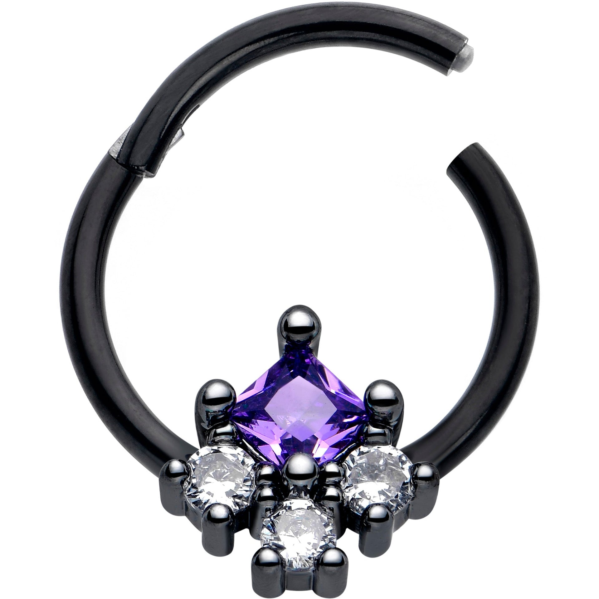 16G 3/8 Purple CZ Gem Black Rhombus Riot Hinged Segment Ring