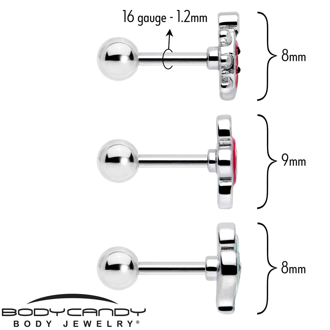 16G 1/4 Ladybug Hippie Flower Cartilage Tragus Earring Set of 3