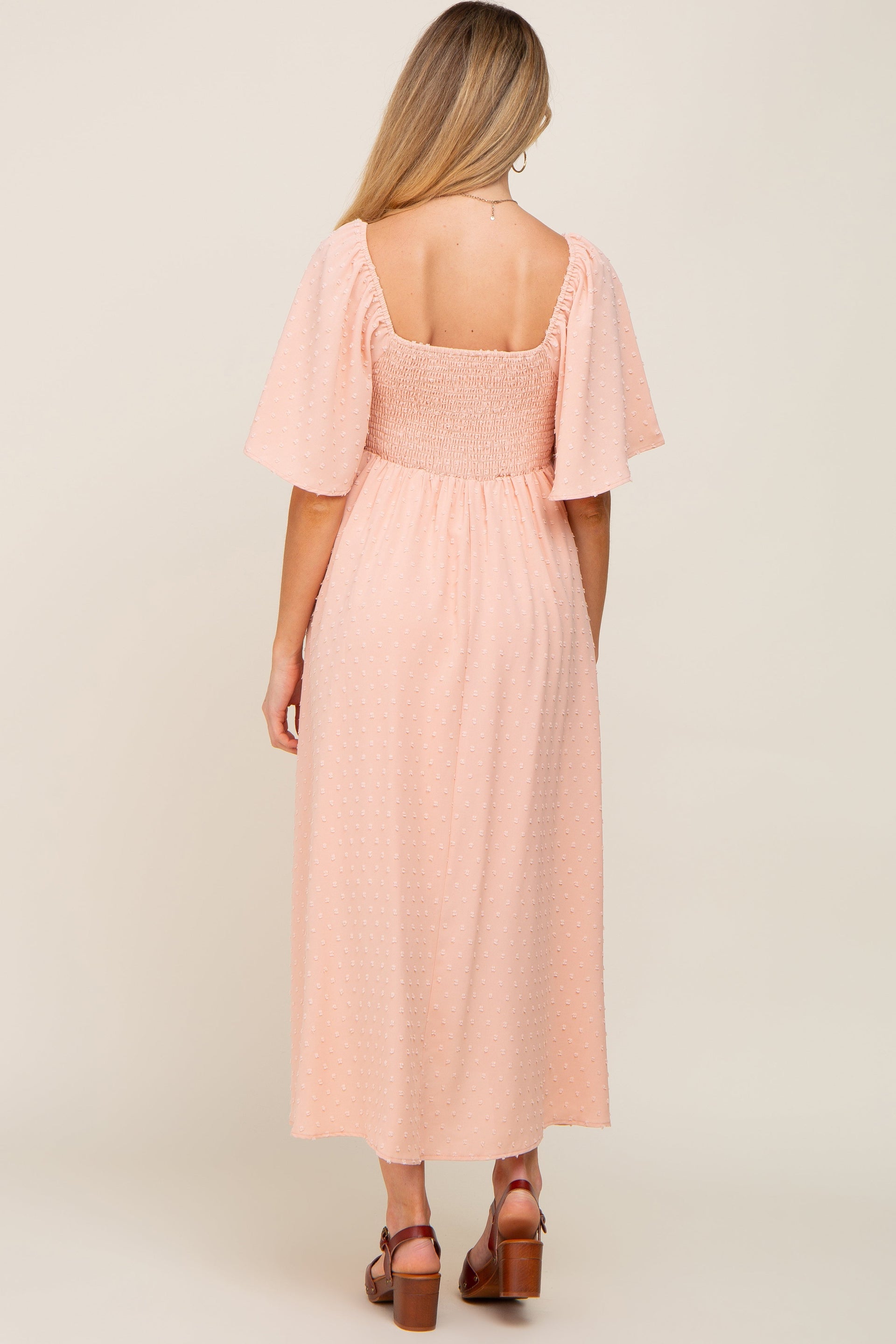 Peach Textured Dot Front Tie Ruffle Sleeve Maternity Midi Dress