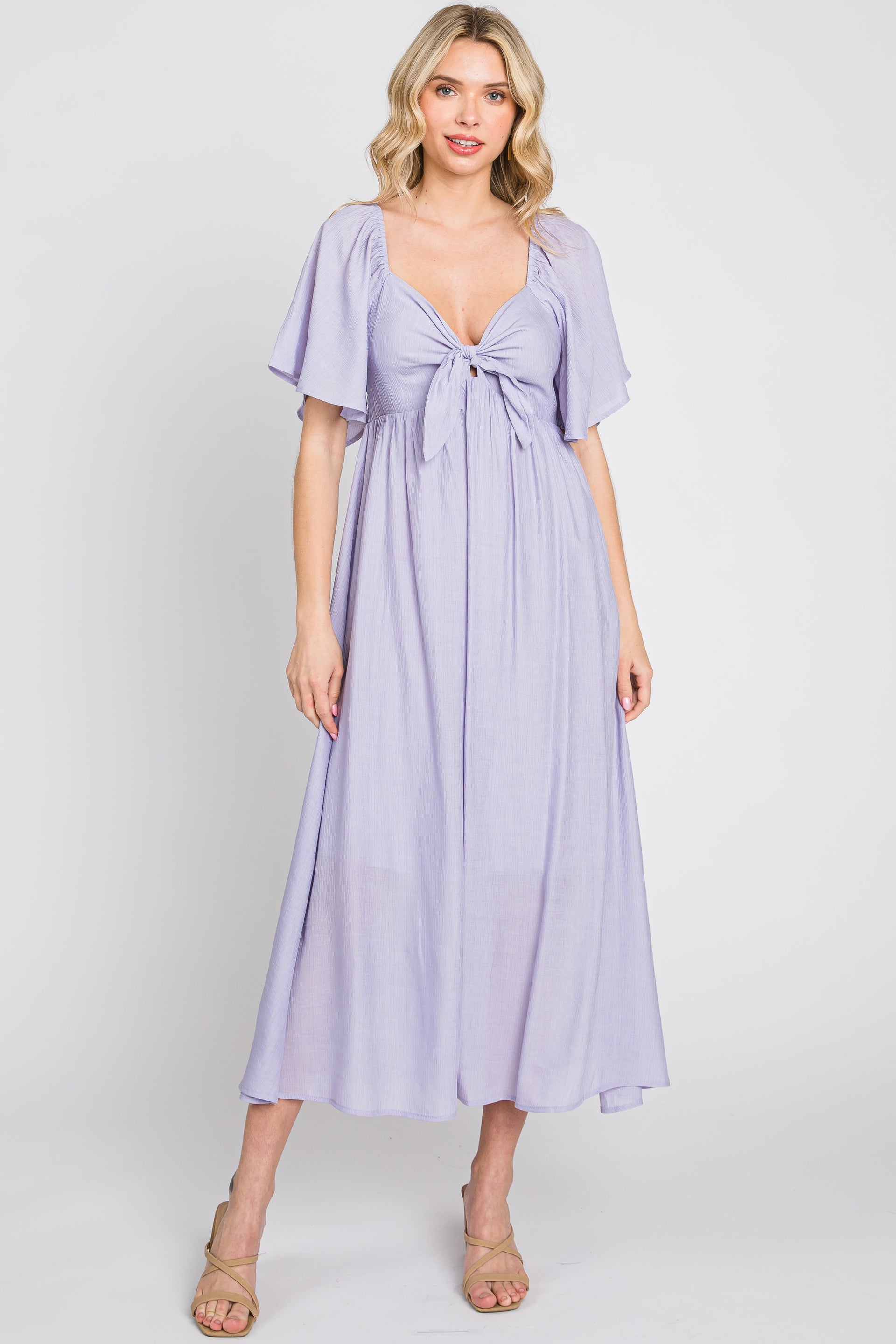 Lavender Front Tie Ruffle Sleeve Midi Dress