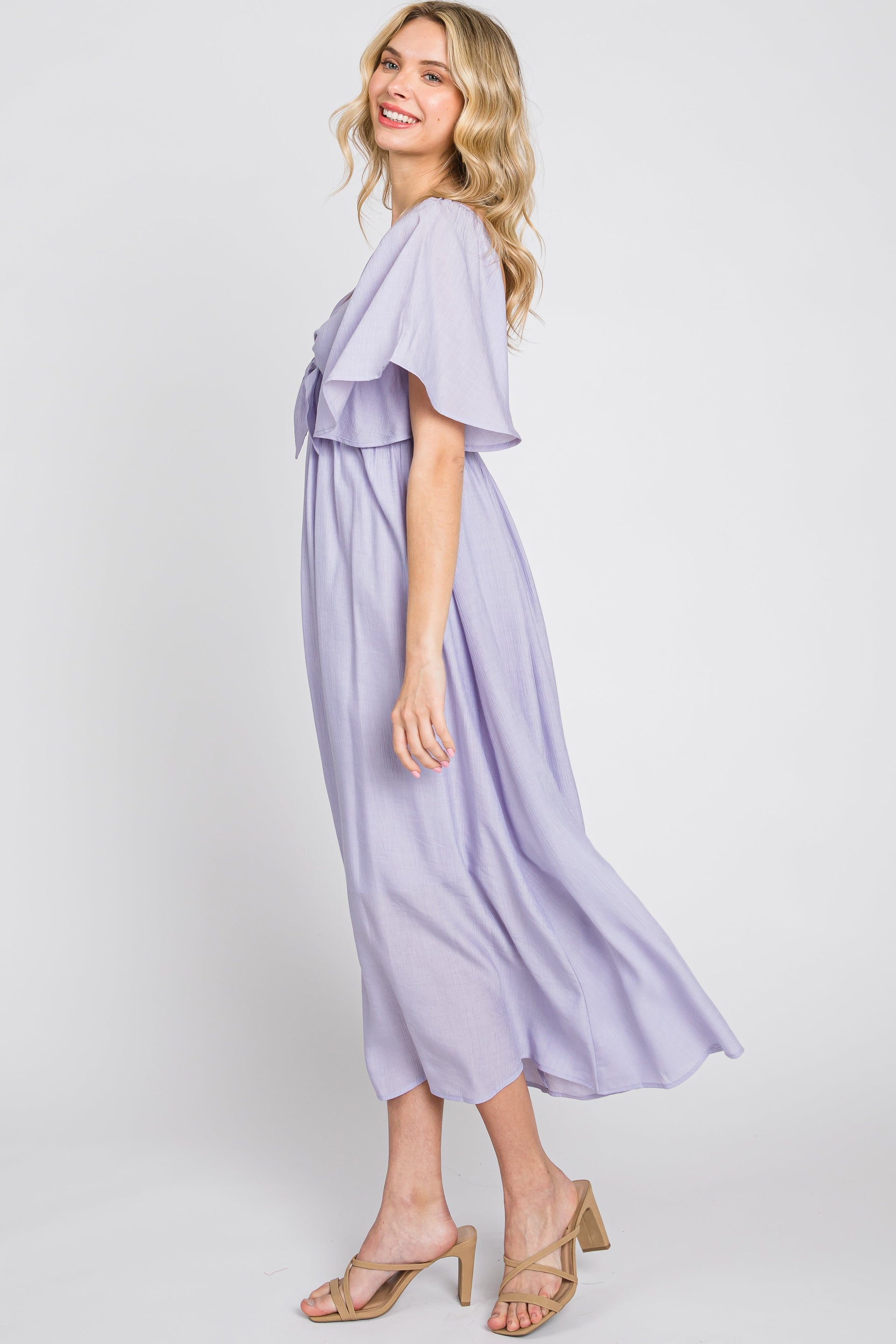 Lavender Front Tie Ruffle Sleeve Midi Dress