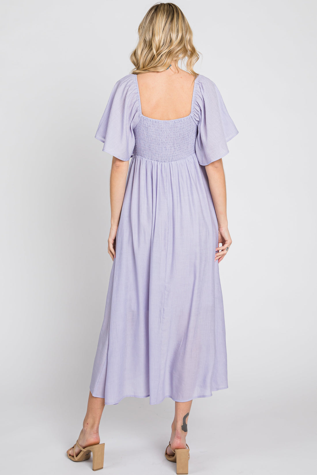Lavender Front Tie Ruffle Sleeve Midi Dress