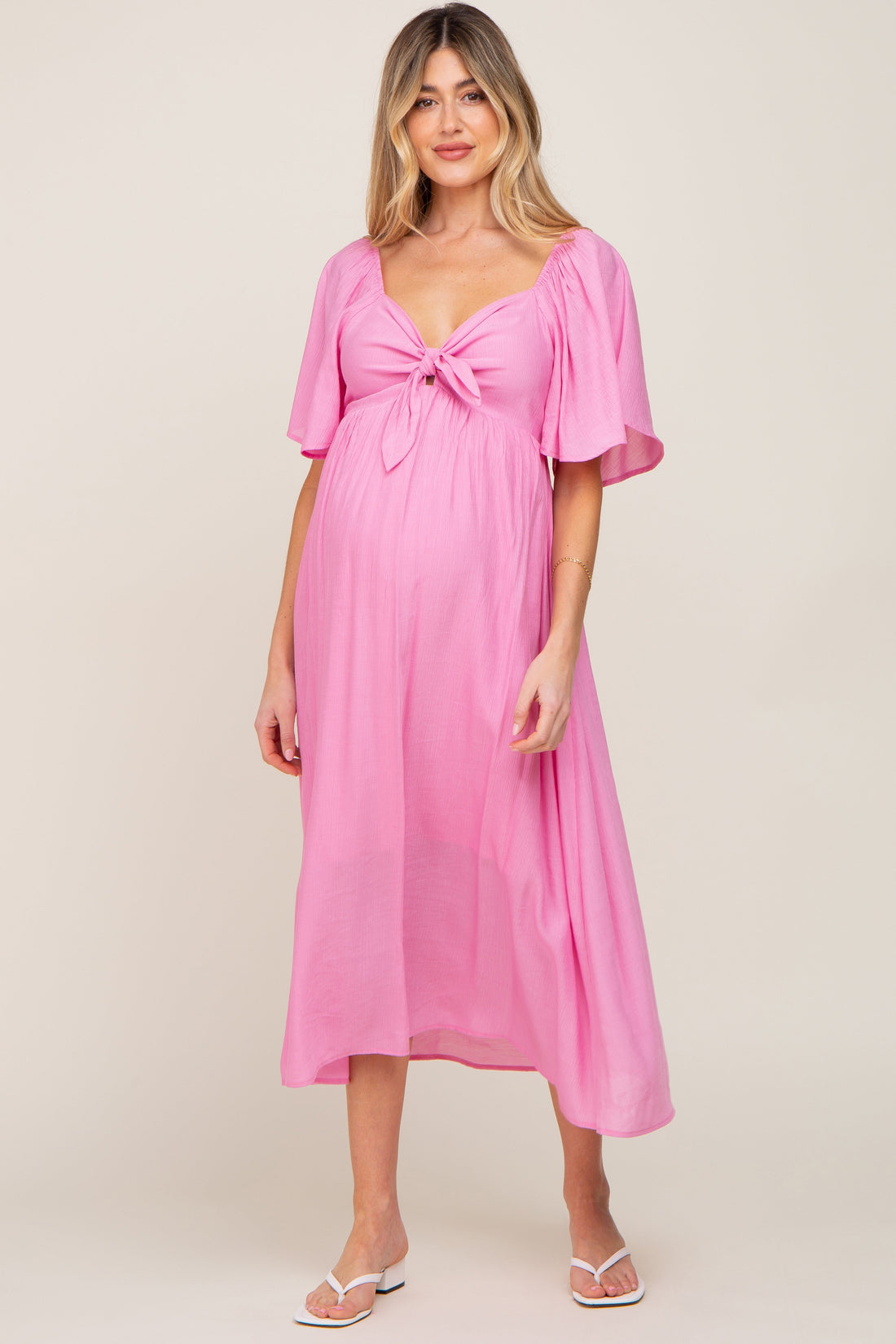 Pink Front Tie Ruffle Sleeve Maternity Midi Dress