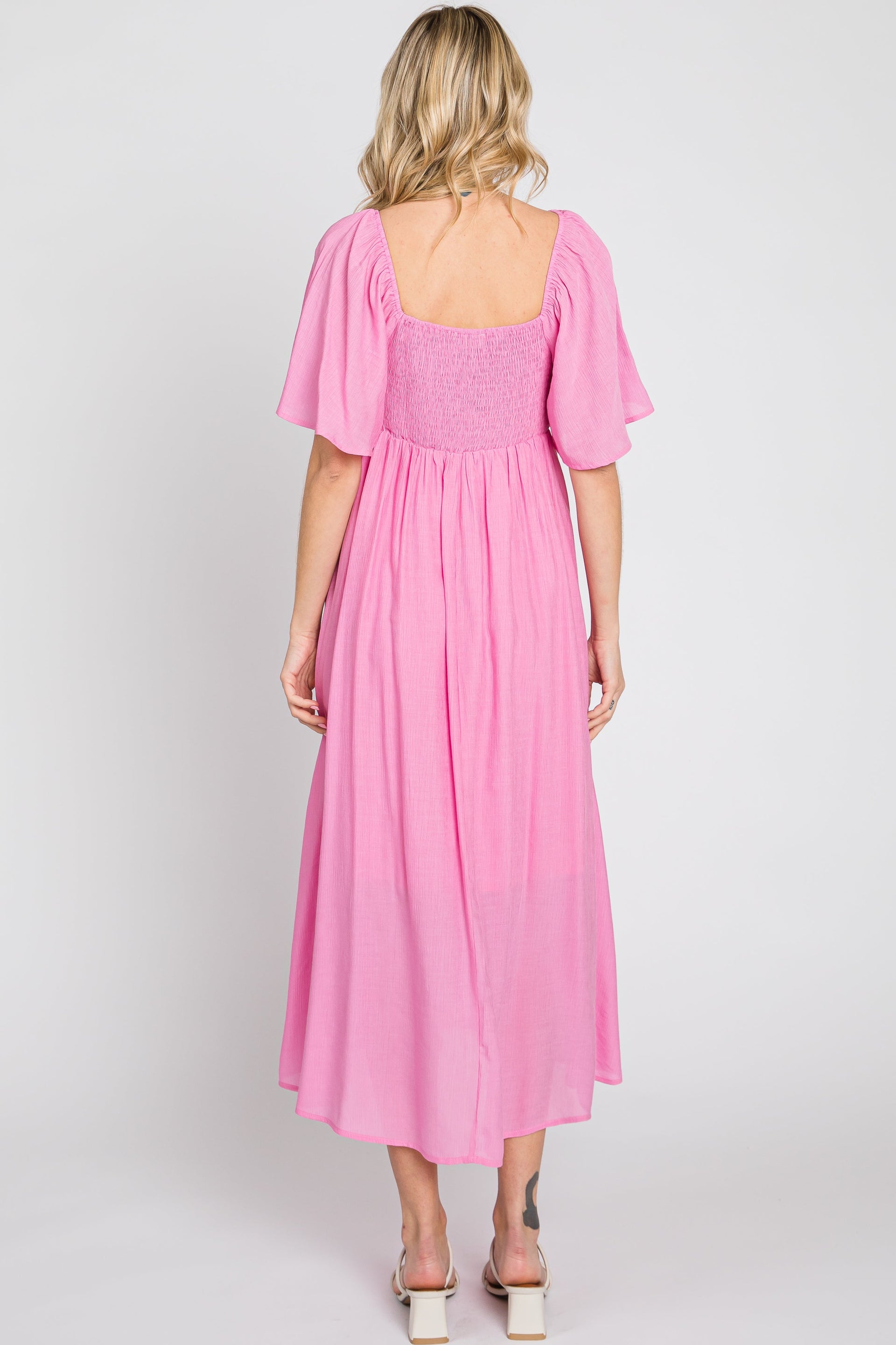 Pink Front Tie Ruffle Sleeve Midi Dress