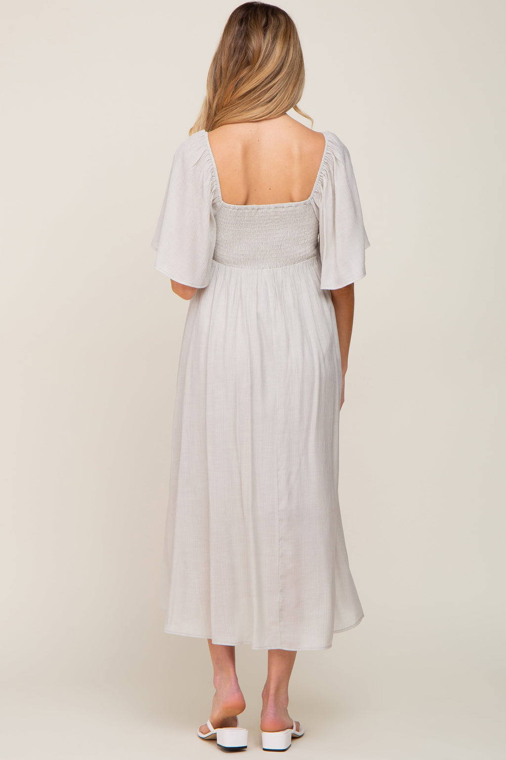 Grey Front Tie Ruffle Sleeve Maternity Midi Dress
