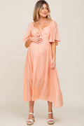Peach Front Tie Ruffle Sleeve Maternity Midi Dress