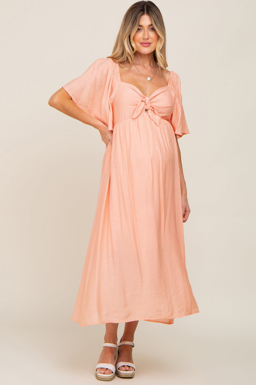 Peach Front Tie Ruffle Sleeve Maternity Midi Dress
