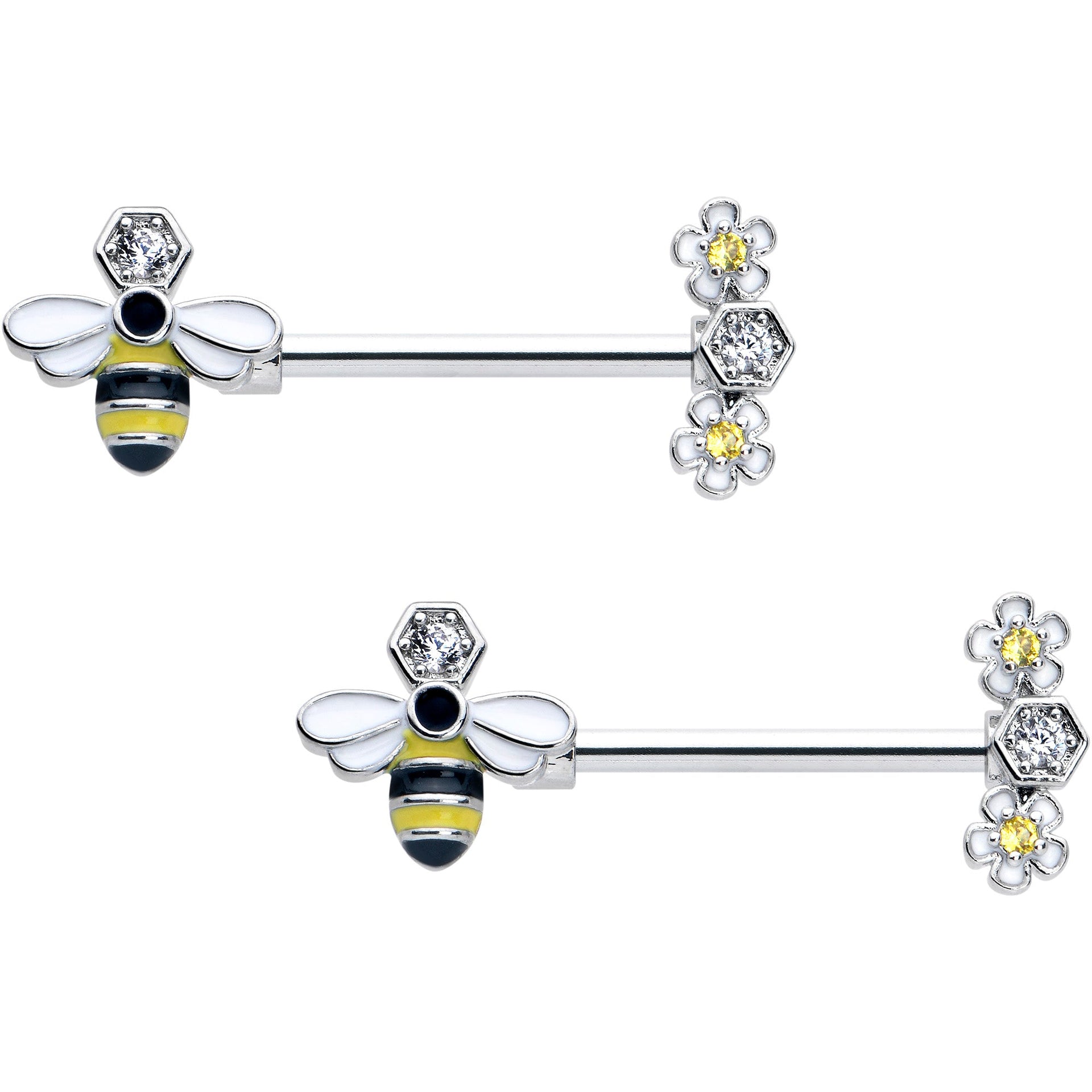 Close-up of a pair of 14 gauge yellow and clear CZ gem flower and bee nipple rings on a white background.
