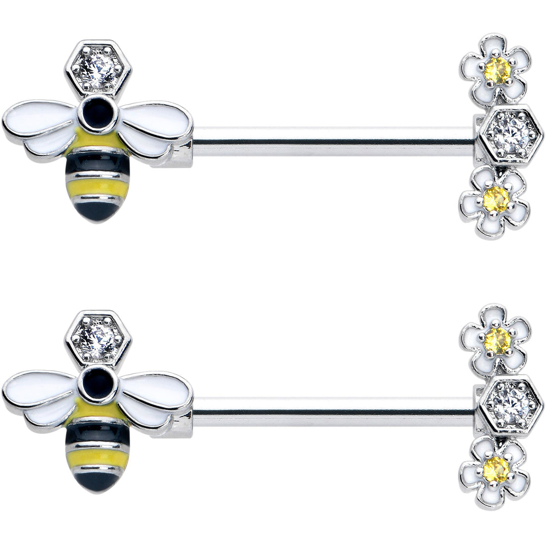 Yellow Clear CZ Gem Flower Bee Nipple Ring Set - 14 Gauge Barbell - Image 2