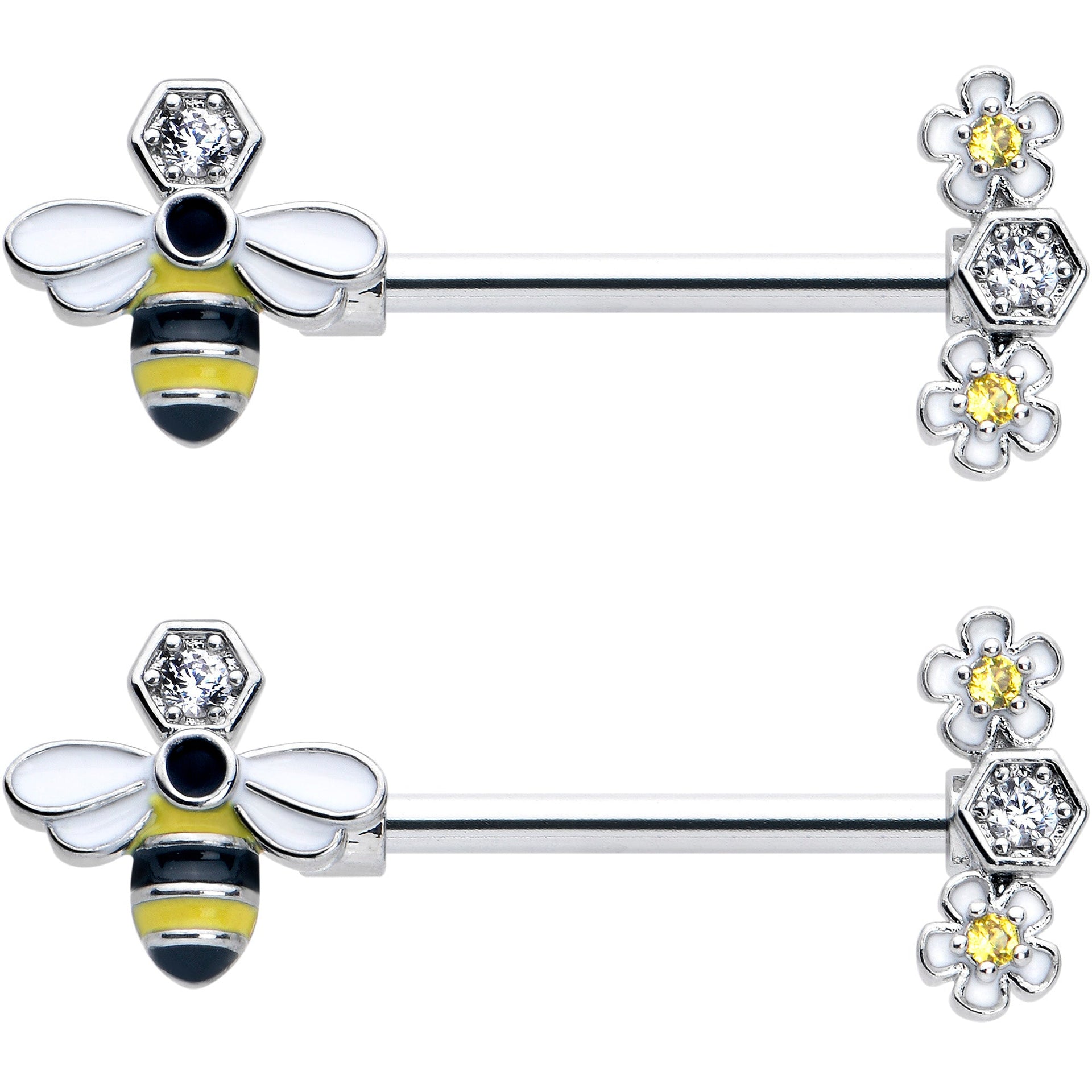 Yellow Clear CZ Gem Flower Bee Nipple Ring Set - 14 Gauge Barbell - Image 2