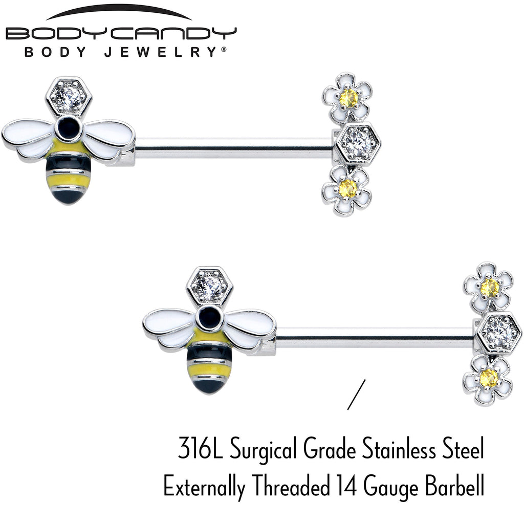 Yellow Clear CZ Gem Flower Bee Nipple Ring Set - 14 Gauge Barbell - Image 3