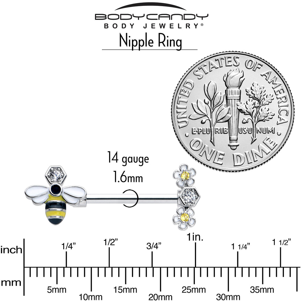 Yellow Clear CZ Gem Flower Bee Nipple Ring Set - 14 Gauge Barbell - Image 4