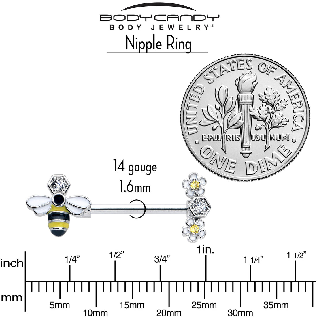 Yellow Clear CZ Gem Flower Bee Nipple Ring Set - 14 Gauge Barbell - Image 4