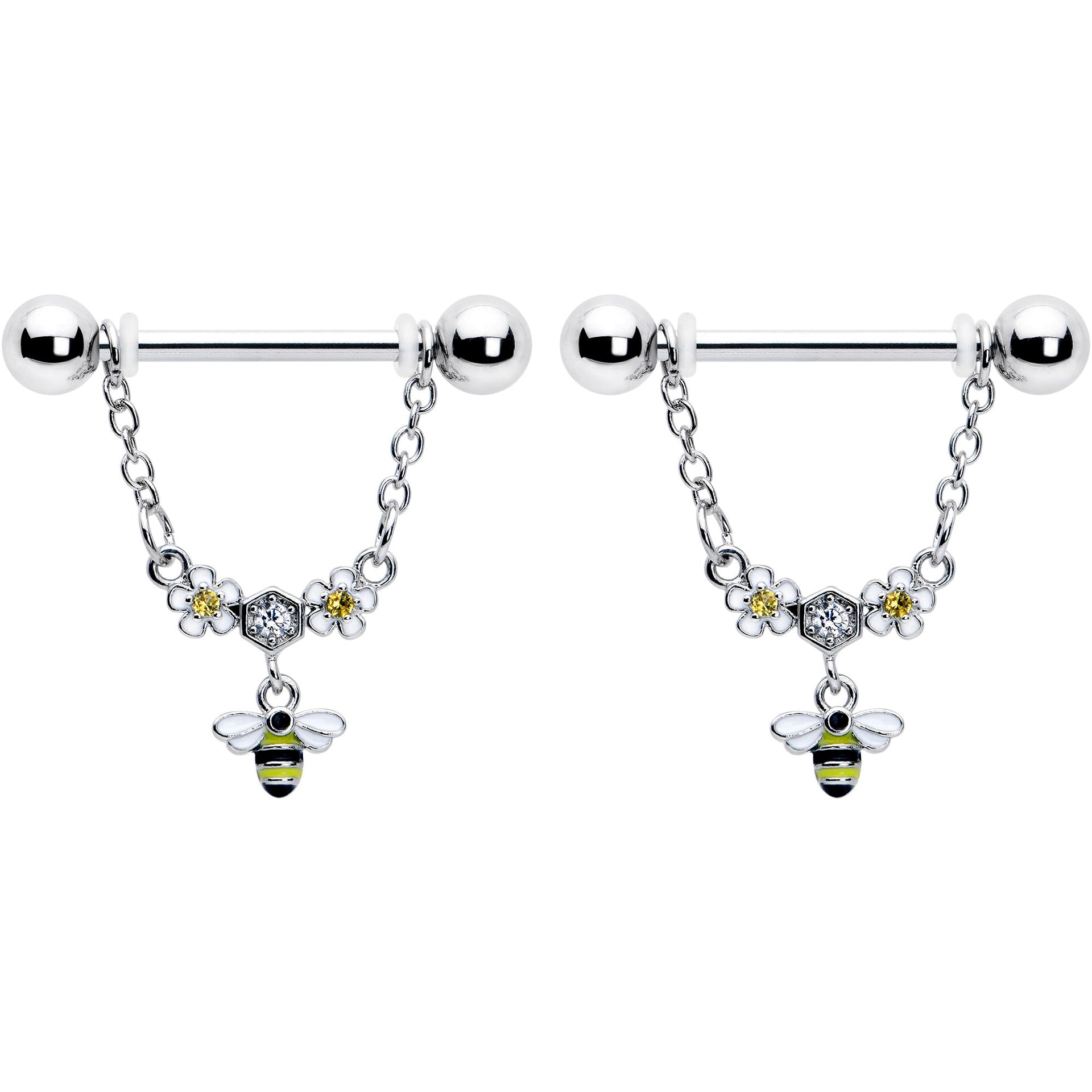 14G 9/16 Yellow CZ Gem Flower Bee Chain Dangle Nipple Ring Set