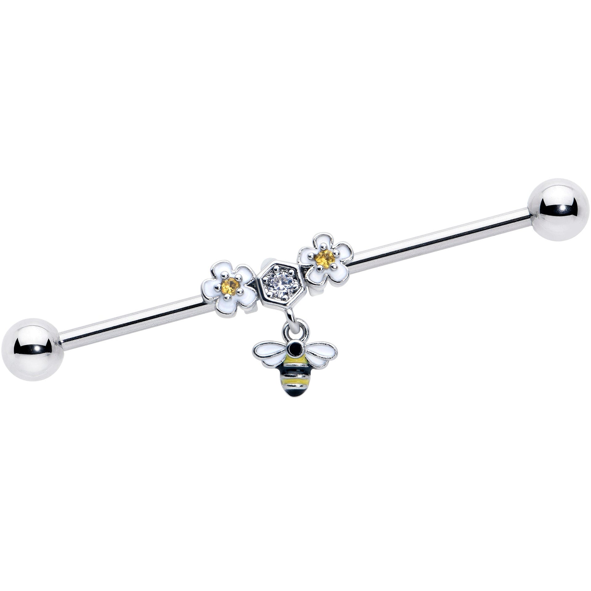 14G Yellow CZ Gem Flower Bee Dangle Industrial Barbell 38mm