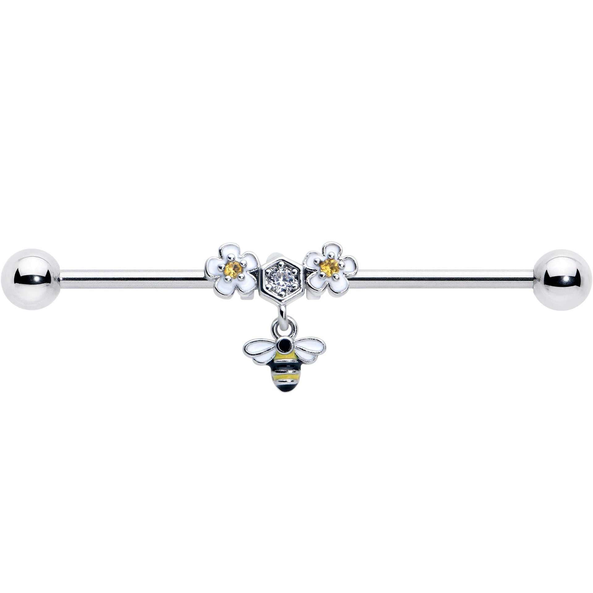 14G Yellow CZ Gem Flower Bee Dangle Industrial Barbell 38mm