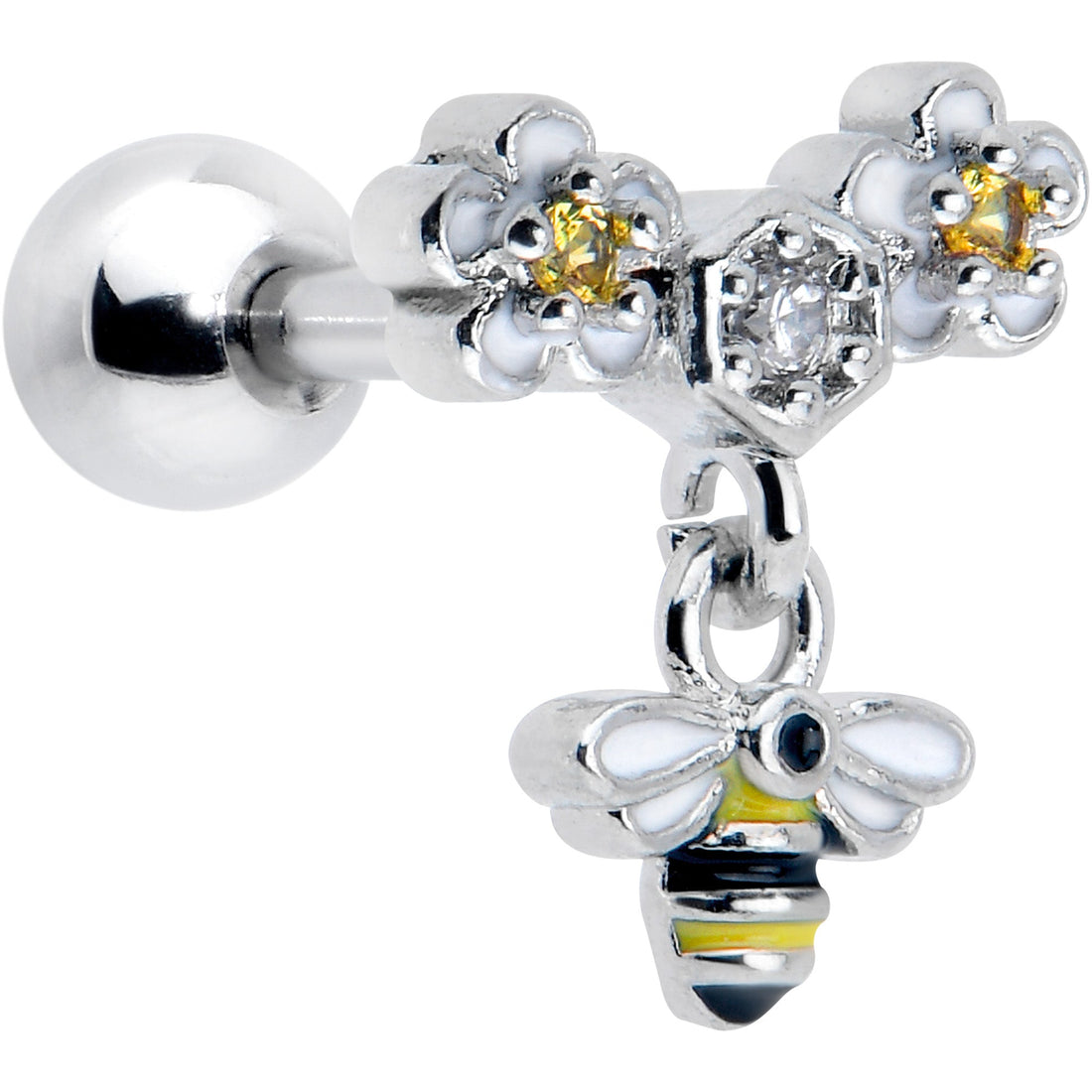16G 1/4 Yellow CZ Gem Flower Bee Dangle Cartilage Tragus Earring