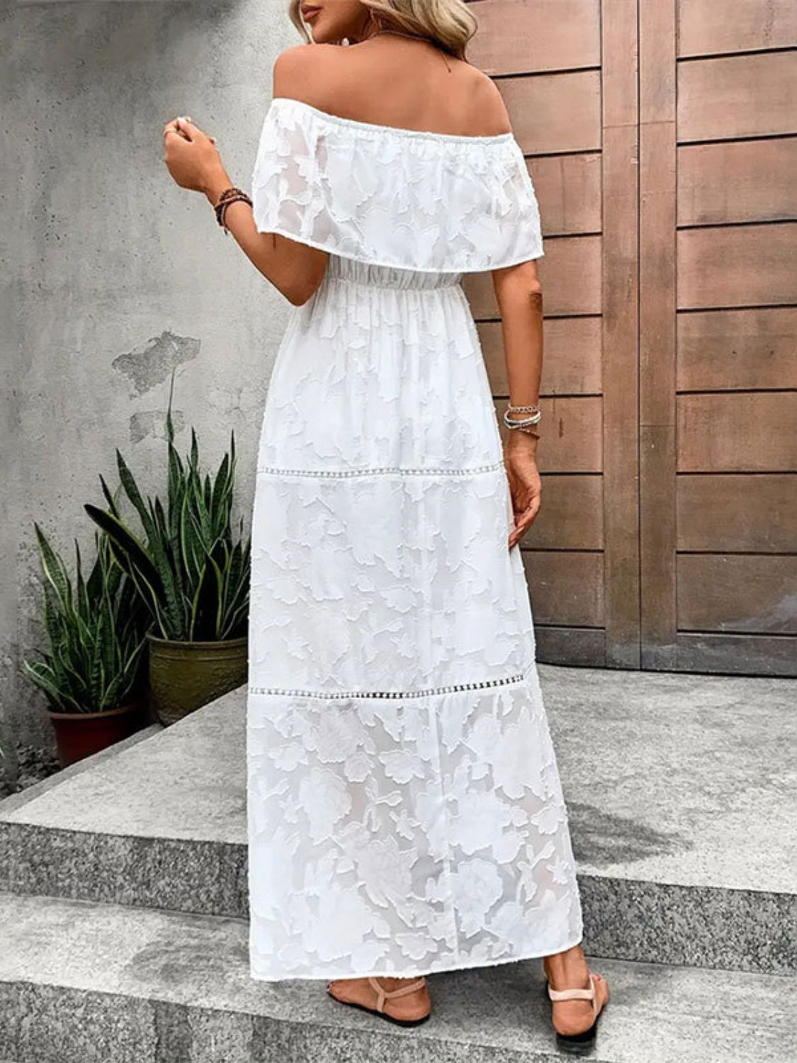 White Floral Off-Shoulder Maxi Dress Bohemian Resort Summer Gown