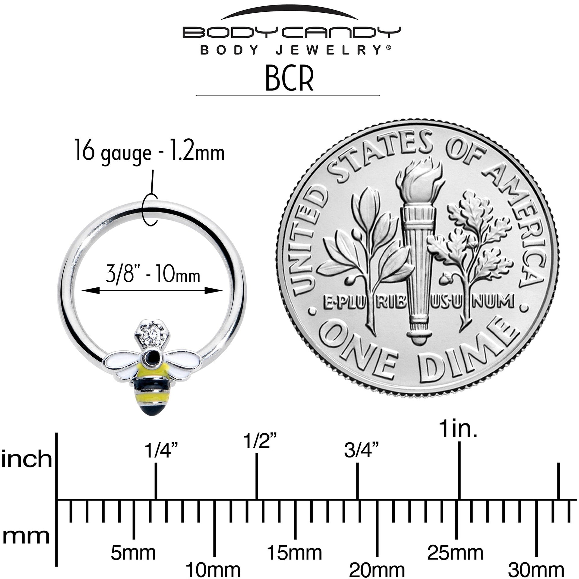 16G 3/8 Clear CZ Gem Bee Sweet BCR Captive Ring