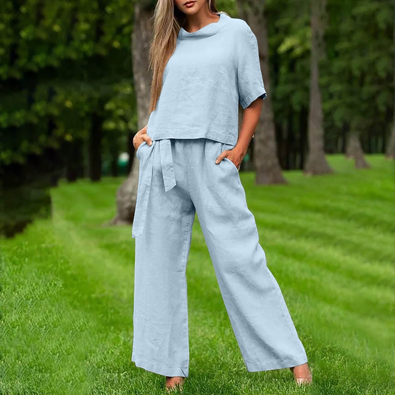 Women's Round Neck 3/4 Sleeve Top and Wide Leg Pant Set - Image 5