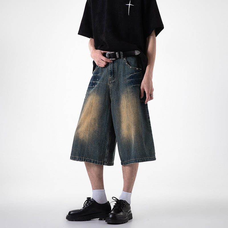 Harajuku Wide Leg Cropped Denim Jeans in Light & Dark Blue - Image 4